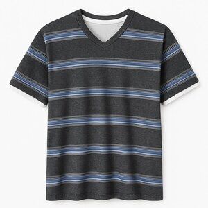 👕 Method Striped V-Neck Tee | Gray & Blue | Size L